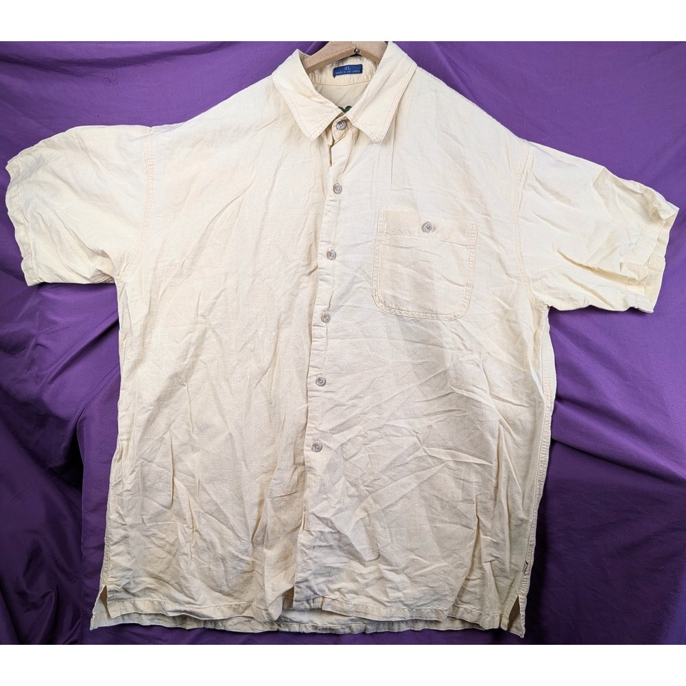 Vintage Newport Blue Mens 80's Button Up Linen Blend XL Yellow Camp Shirt